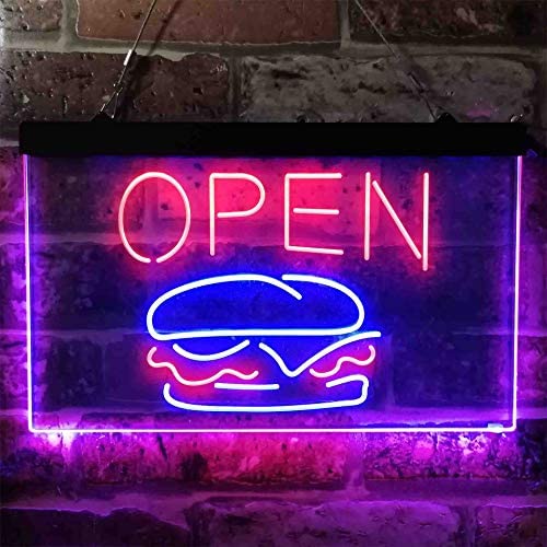 Hamburgers Burgers Open Dual LED Neon Light Sign